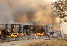 Caminhão e camionete batem e pegam fogo na SP-425, em Olímpia