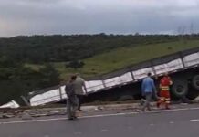 Carreta cai em ribanceira e uma pessoa morre na BR-101, em Vila Velha (ES)