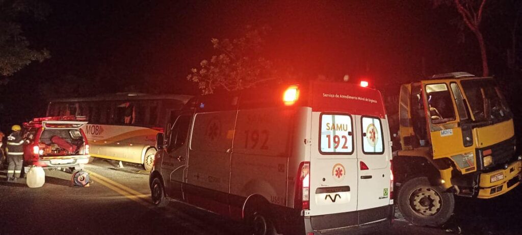 Ônibus bate em caminhão na GO-215 e deixa motorista gravemente ferido