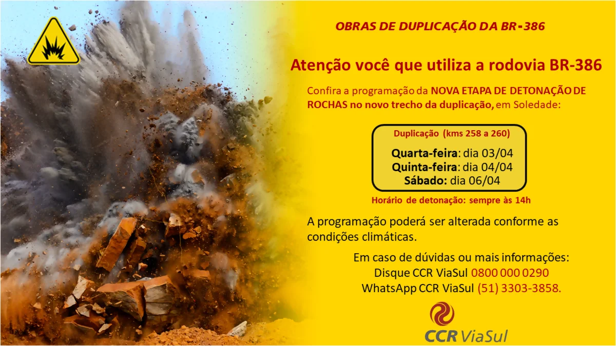 Nova etapa de detonação de rochas bloqueia BR-386, em Soledade (RS)