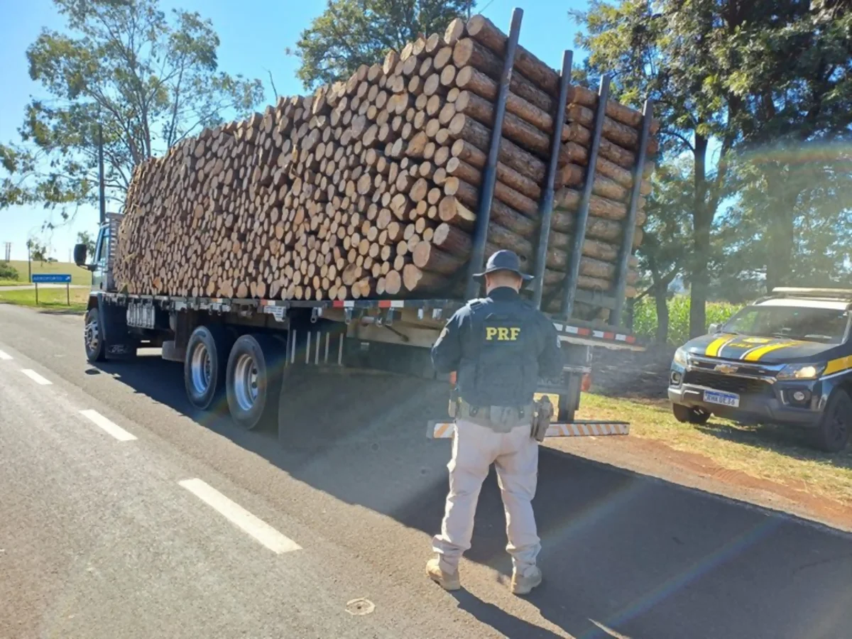 Caminhão é flagrado na BR-369/PR transportando toras de madeira sem amarração Caminhão é flagrado na BR-369/PR transportando toras de madeira sem amarração
