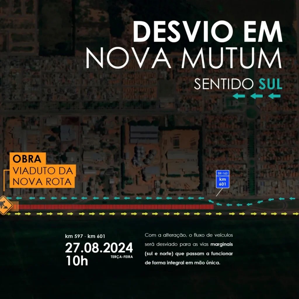 BR-163/MT terá desvios devido a obras de construção de viaduto, em Nova Mutum (MT)