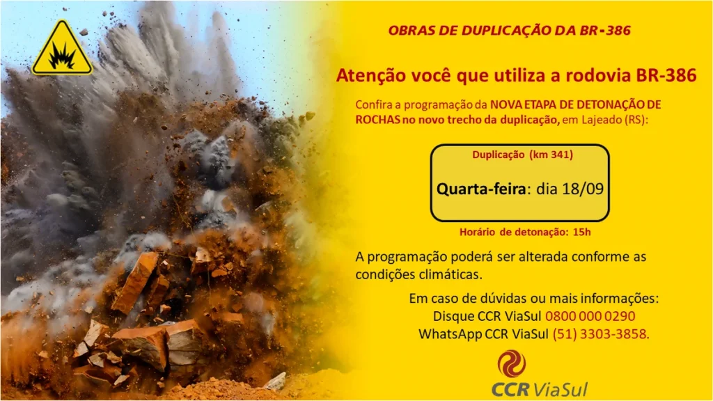 Serviços de detonações na BR-386/RS serão retomados, nesta quarta (18)