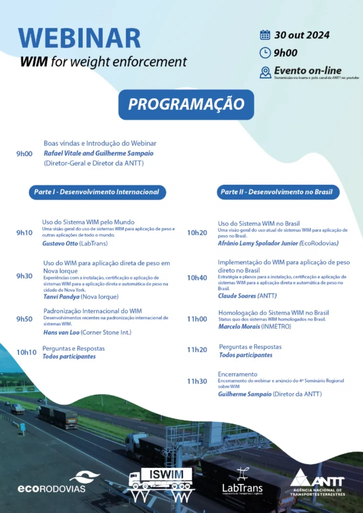 Evento on-line discutirá fiscalização de pesagem em movimento (WIM), no dia 30 de outubro