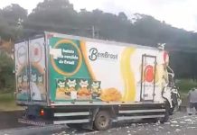 Acidente entre caminhão e ônibus bloqueia BR-101, em Biguaçu (SC) Acidente entre caminhão e ônibus bloqueia BR-101, em Biguaçu (SC)