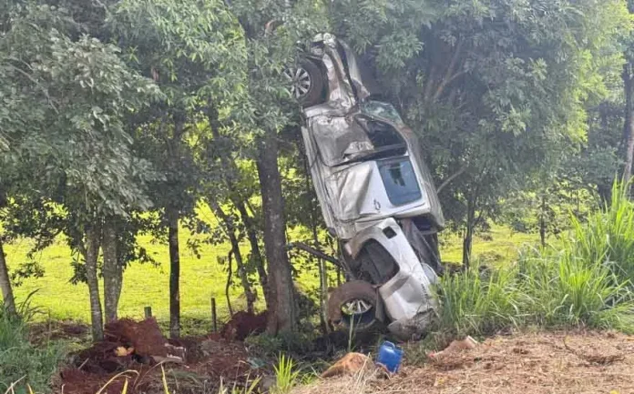 Camionete fica presa à árvore após se envolver em acidente na PR-566 Camionete fica presa à árvore após se envolver em acidente na PR-566