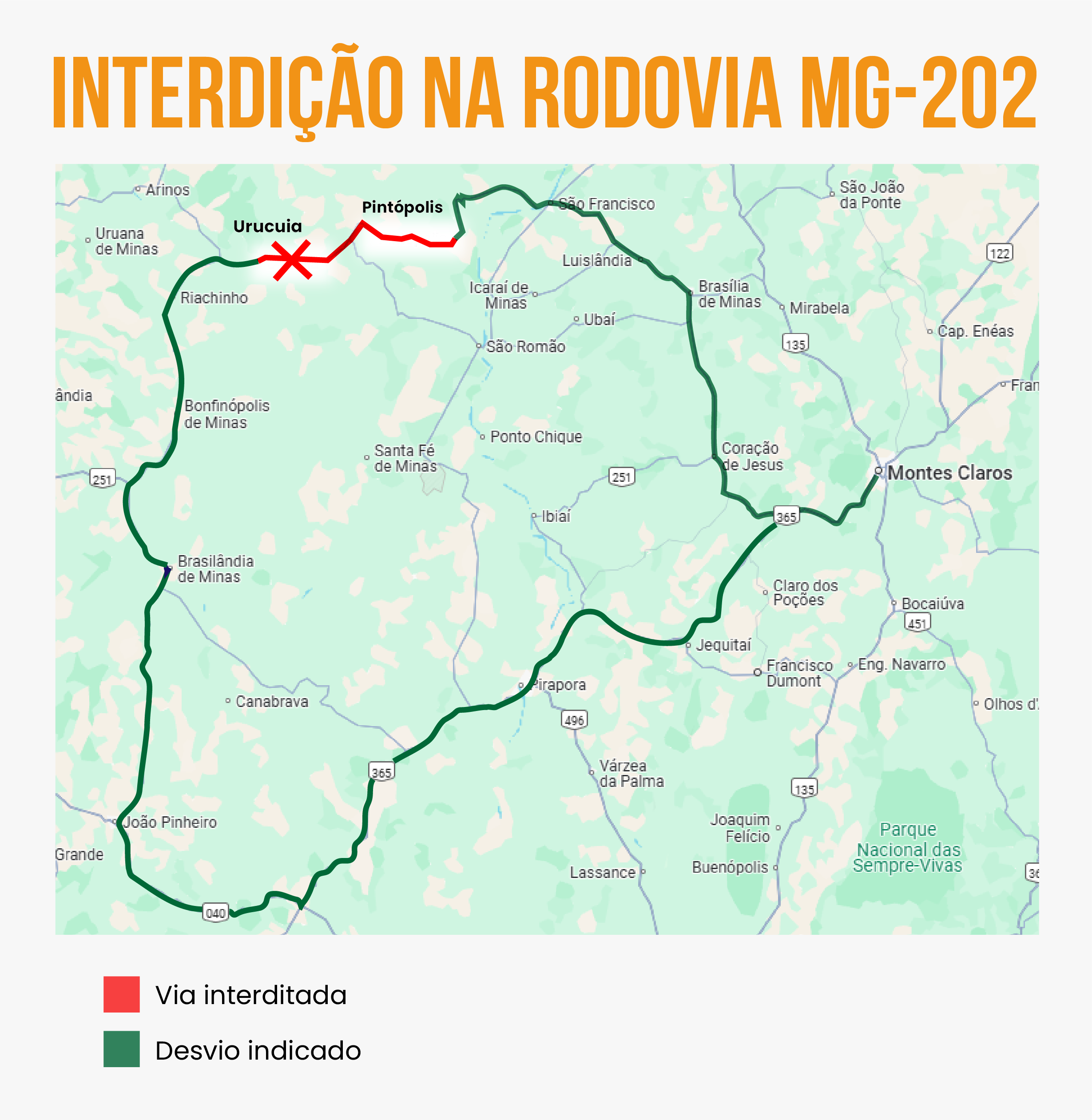 Interditada a MG-202, entre Pintópolis e Urucuia, devido a rompimento de galerias