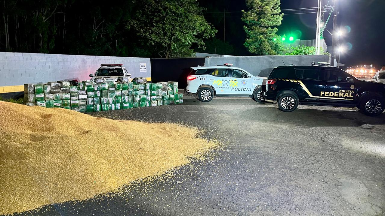 Carreta bitrem com carga de milho é flagrada na SP-425 com 2,2 toneladas de maconha