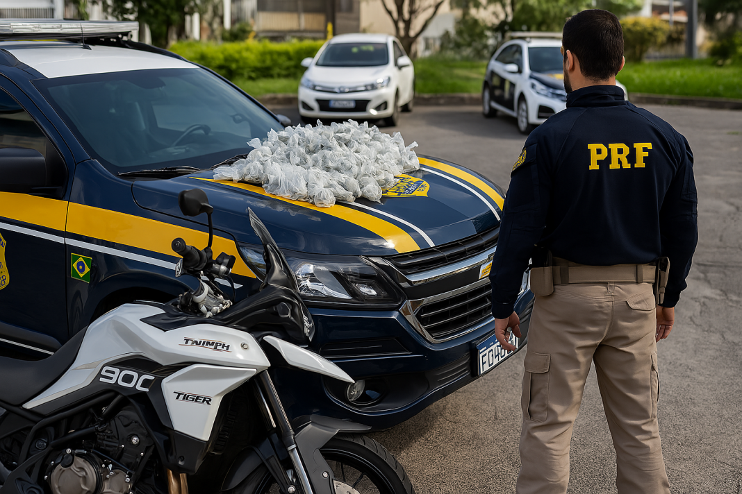 PRF flagra criminoso com moto clonada transportando drogas NucomPRFRJ