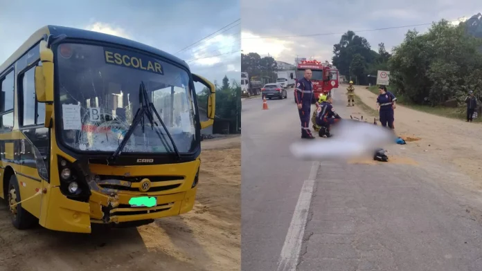 Acidente entre ônibus escolar e motocicleta mata pai e filha na BR-470/SC Acidente entre ônibus escolar e motocicleta mata pai e filha na BR-470/SC