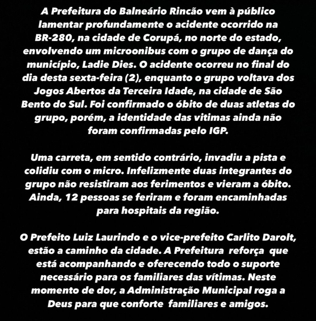 Integrantes do Clube de Ladies morrem e outros 12 ficam feridos em acidente na BR-280/SC