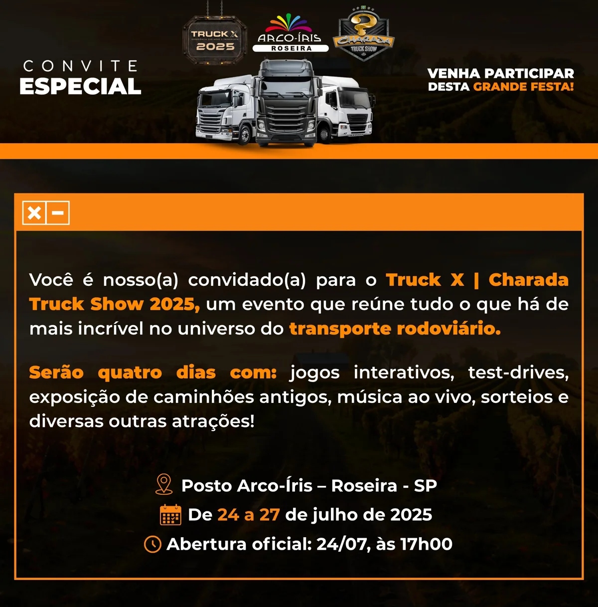 Posto Arco-Íris recebe a edição 2025 do Truck X & Charada Truck Show, em julho