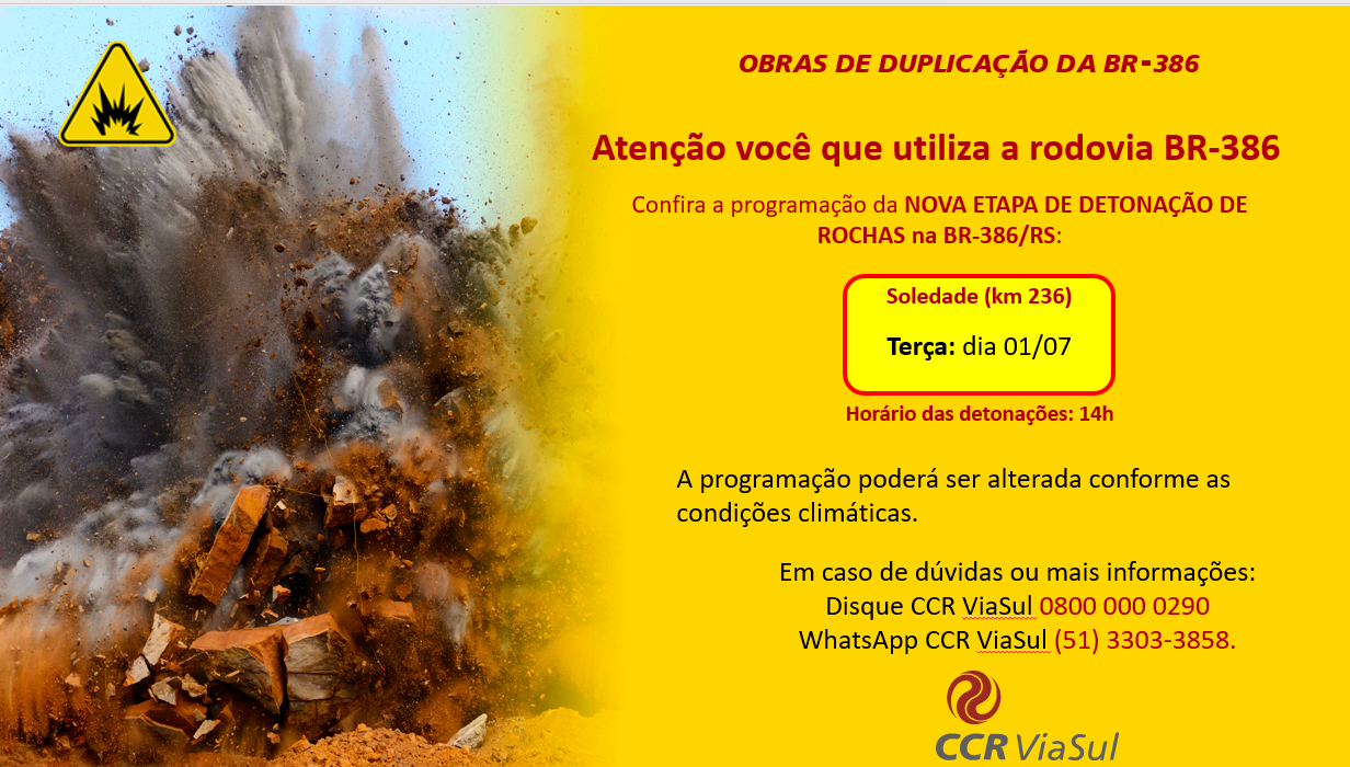 Detonação de rochas na BR-386/RS altera o tráfego, em Soledade, nesta terça (1º/7)