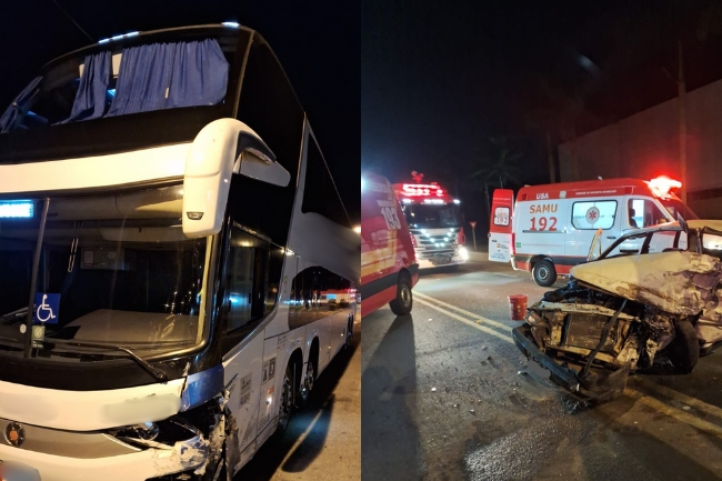 Colisão de carro e ônibus da Catarinense fere mulher gravemente na Rodovia Ivo Silveira, em Brusque (SC)