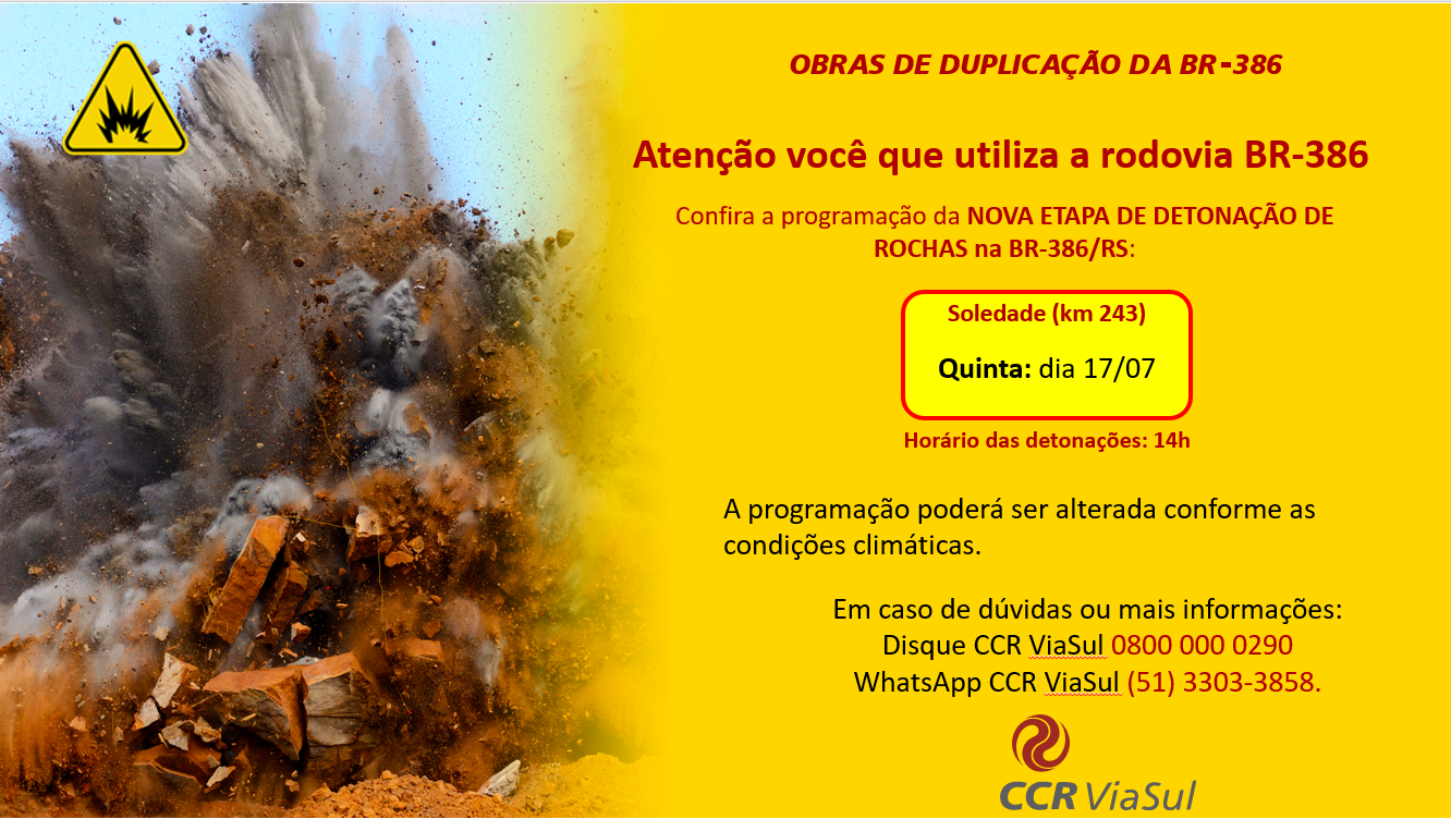 Detonação de rochas na BR-386/RS altera o tráfego, em Soledade, nesta quinta (17)