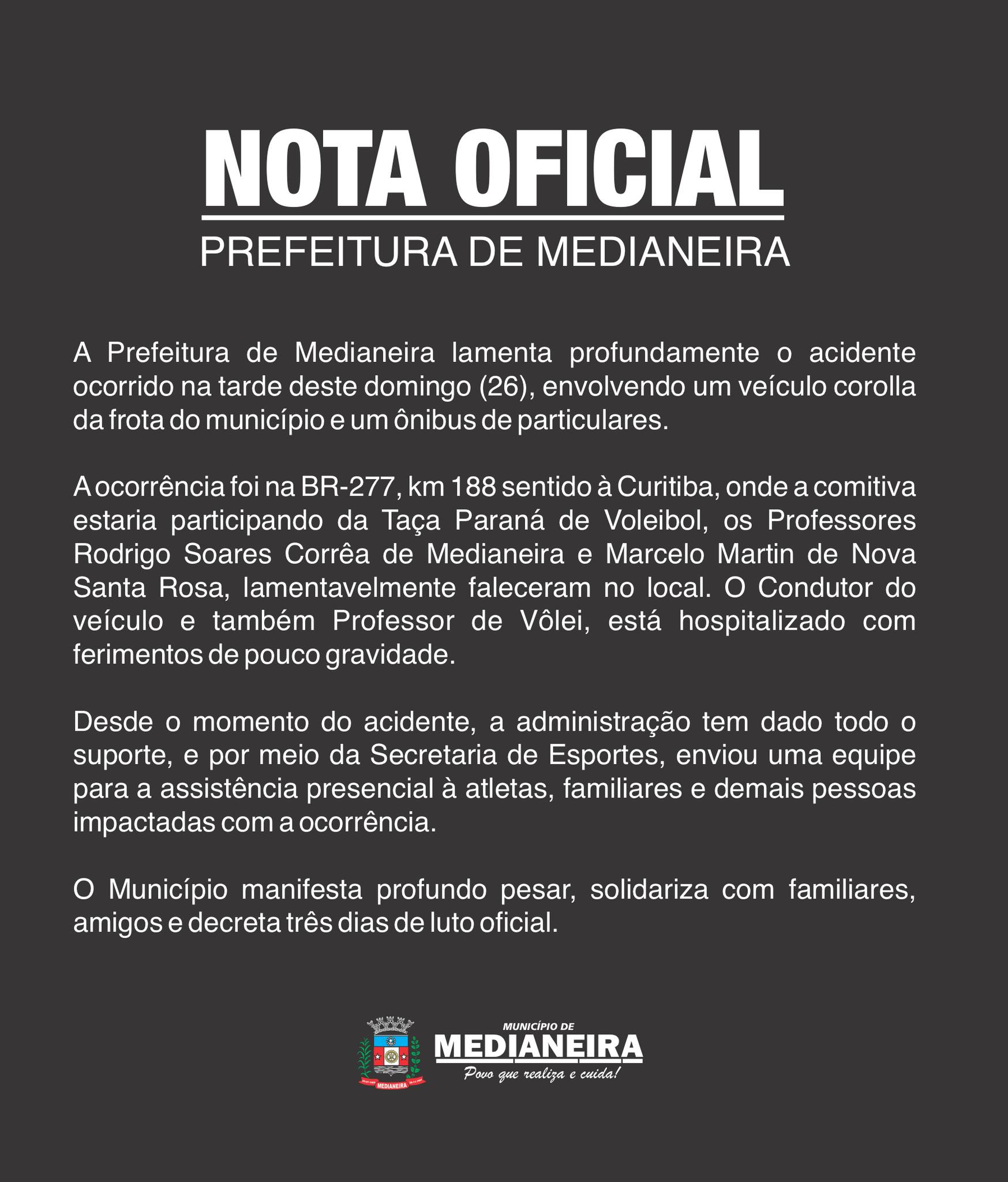 Professores de vôlei morrem em acidente na BR-277/PR, em Palmeira