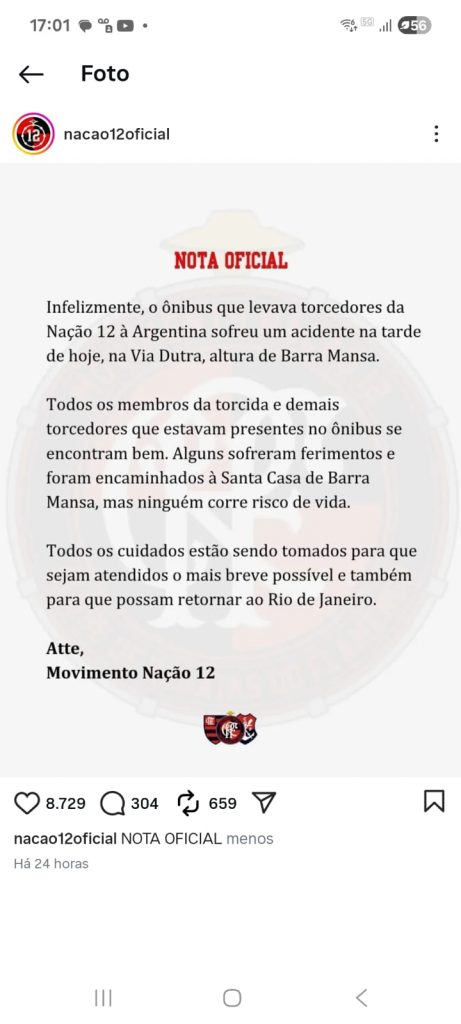 Ônibus do acidente com torcedores do Flamengo não tinha autorização para viajar até Argentina