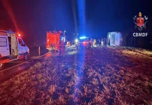 Ônibus tomba após colidir contra guincho na BR-020/DF e deixa 27 feridos, em Planaltina Ônibus tomba após colidir contra guincho na BR-020/DF e deixa 27 feridos, em Planaltina
