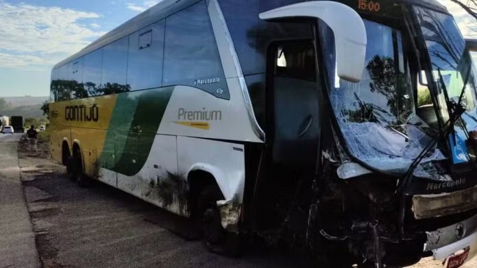 Motorista fica ferido ao invadir contramão na BR-365/MG e bater em ônibus da Gontijo