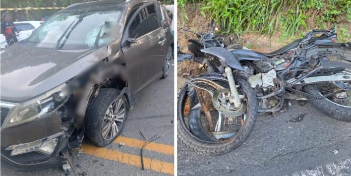 Acidente entre moto e carro mata garupa e deixa motoqueiro ferido na SC-406 Acidente entre moto e carro mata garupa e deixa motoqueiro ferido na SC-406