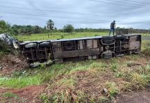 Motorista de ônibus fica gravemente ferido em tombamento na BR-174/RR, em Caracaraí Motorista de ônibus fica gravemente ferido em tombamento na BR-174/RR, em Caracaraí