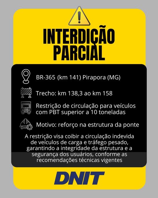 BR-365/MG tem restrição de tráfego para veículos comerciais, em Pirapora