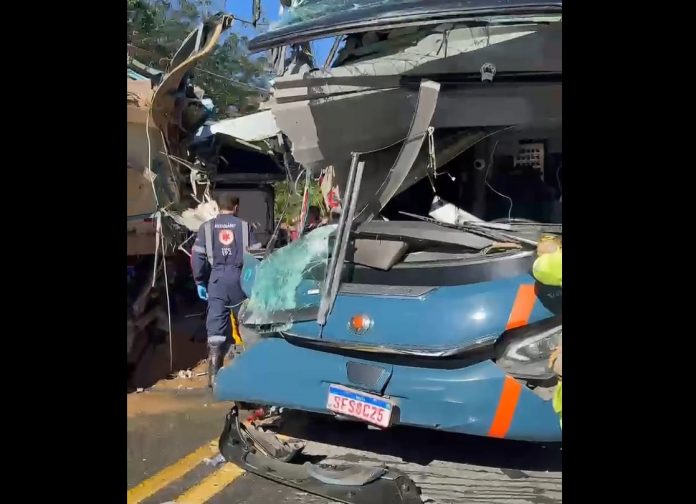 Acidente com ônibus e carreta na BR-259 deixa 2 mulheres mortas e 30 feridos, em Minas