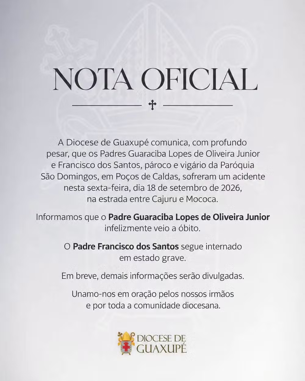Padre da Diocese de Guaxupé (MG) e mulher morrem em acidente na SP-338, em Mococa