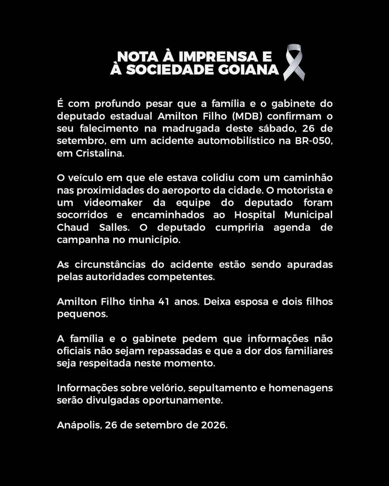 Acidente na BR-050/GO mata deputado estadual Amilton Filho, em Cristalina