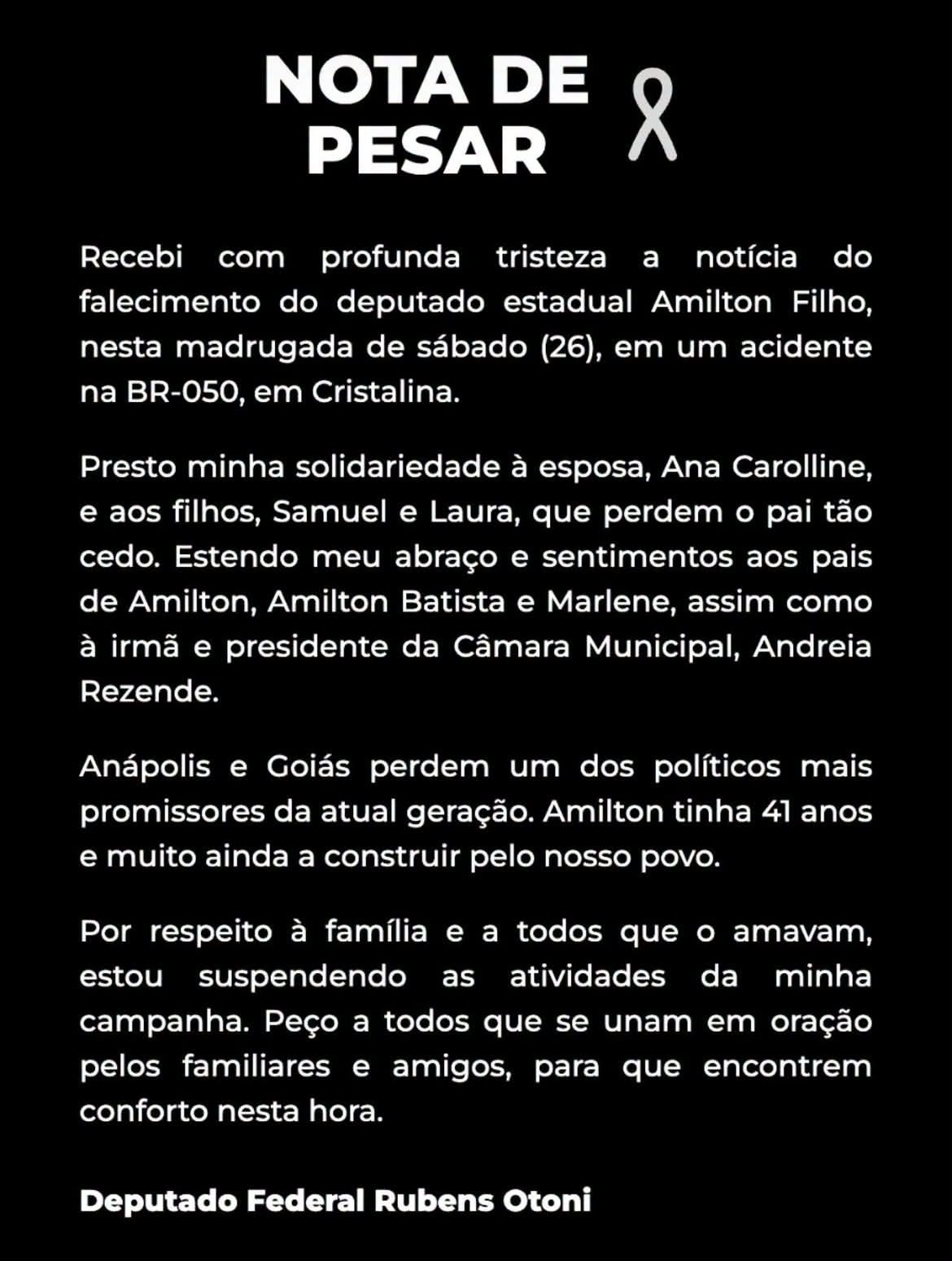 Acidente na BR-050/GO mata deputado estadual Amilton Filho, em Cristalina