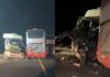 Acidente entre ônibus e carreta deixa caminhoneiro preso às ferragens na BR-163/MT, entre Sinop e Sorriso Acidente entre ônibus e carreta deixa caminhoneiro preso às ferragens na BR-163/MT, entre Sinop e Sorriso