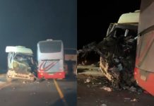 Acidente entre ônibus e carreta deixa caminhoneiro preso às ferragens na BR-163/MT, entre Sinop e Sorriso